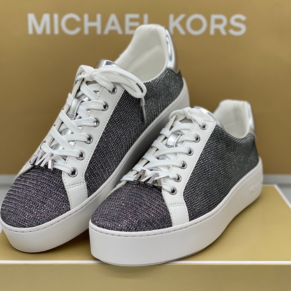 MICHAEL KORS POPPY LACE UP GLITTER CHAIN MESH SILV